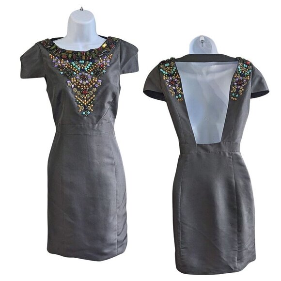TIBI NY Charcoal Gray 100% Silk Jewel Embellished Cap Sleeve Mini Dress Size 4 - Picture 10 of 10